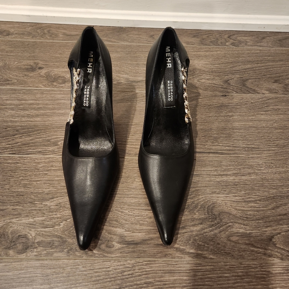 Elegant Black Heels with Silver and Rhinestone Chain Detail - Picture 5 of 7
